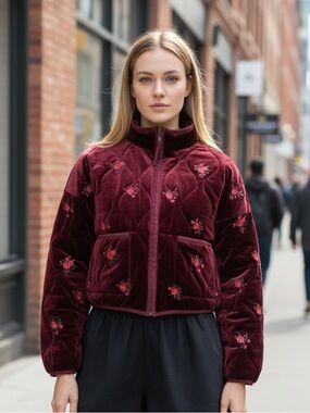 NWOT Altar'd State Burgundy Quilted Rose Velvet Puffer Jacket Floral Embroidery